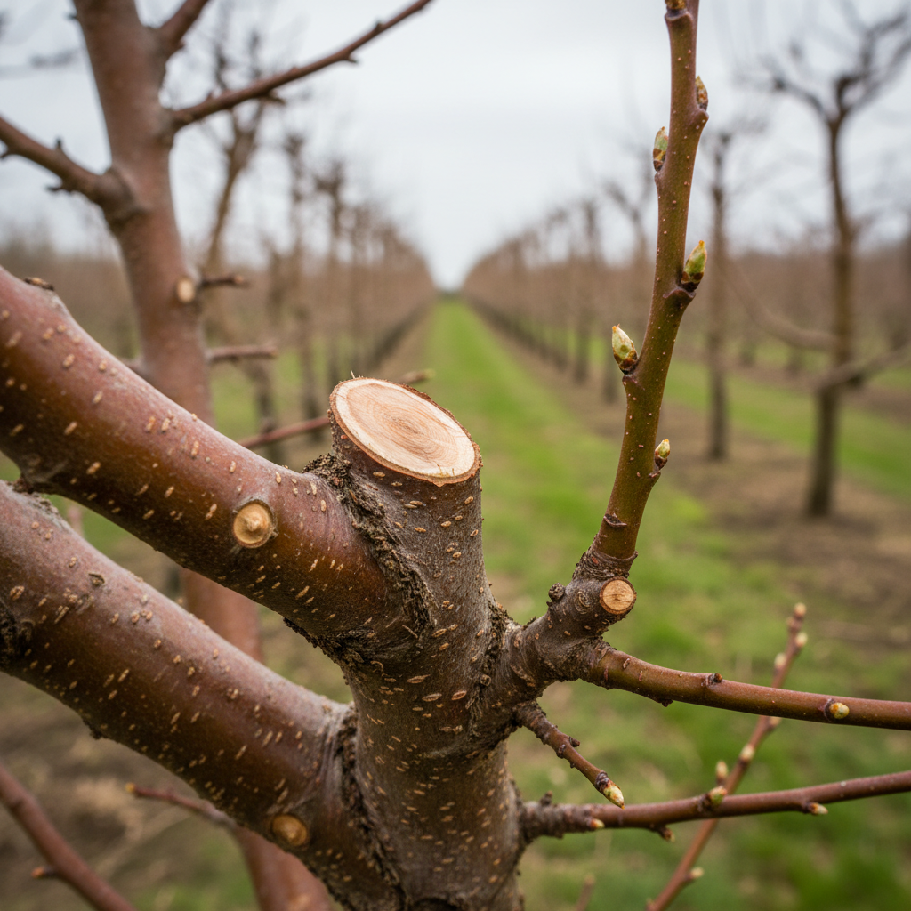 A detailed close-up of a carefully pruned fruit tree branch, showing clean, angled cuts on young shoots and a few older, well-healed pruning scars, all demonstrating precise arborist techniques. The bark is moist and healthy, with tiny buds beginning to swell along the branch. In the softly blurred background, an orderly orchard stretches out, trees evenly spaced and neatly shaped. Gentle overcast daylight provides diffused, shadow-free illumination, emphasizing textures and natural colors. Captured with a shallow depth of field and tight framing, the image feels technical yet calm, highlighting expert tree care and the importance of precise, thoughtful pruning for long-term health.